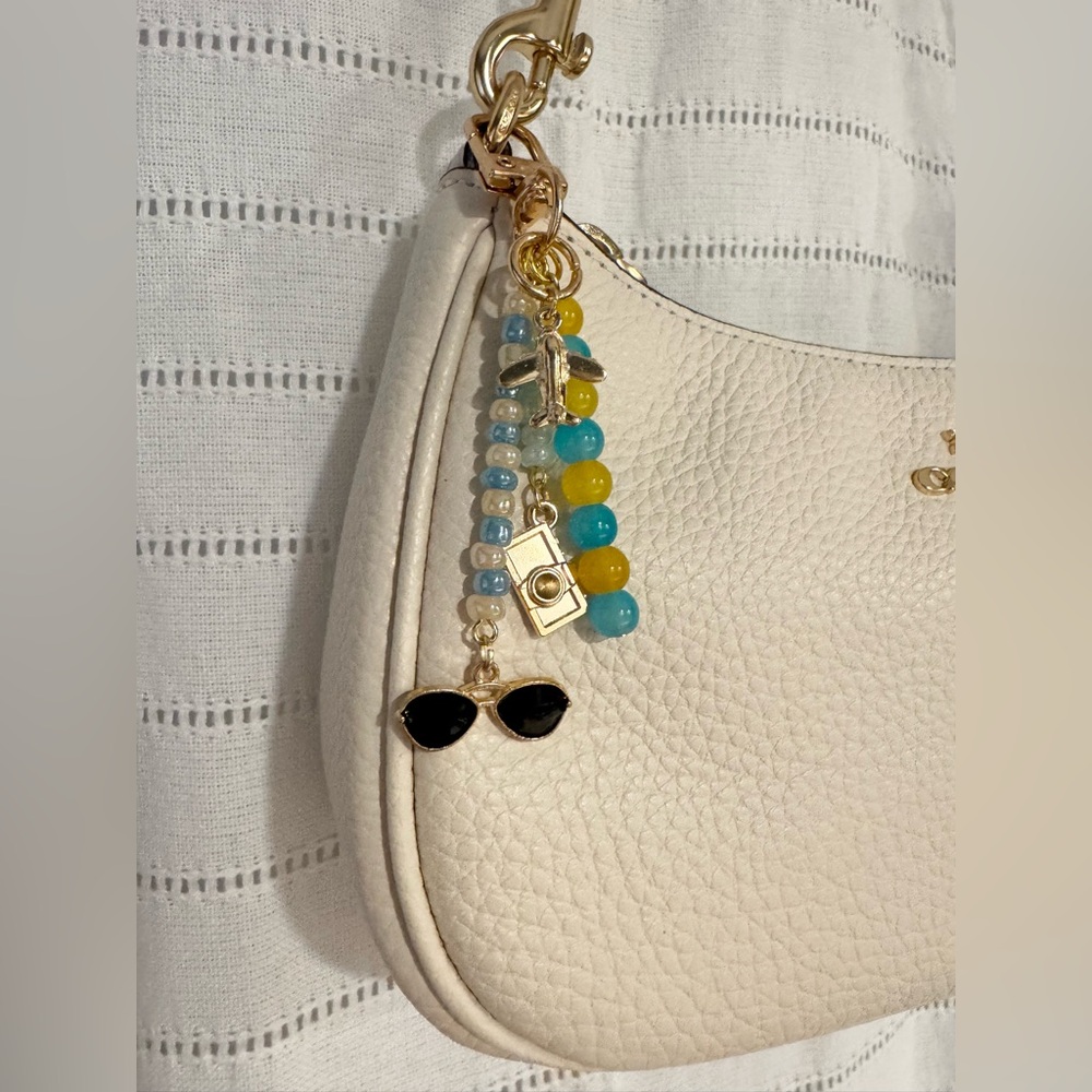 Vacation Getaway Designer Inspired Beaded Bag Charm with Plane, Camera & Shades